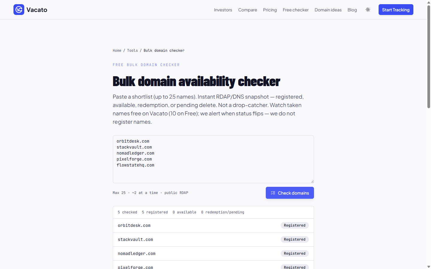 Vacato bulk checker — five dogfood domains registered