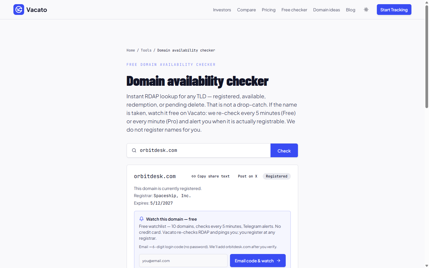 Vacato domain check — orbitdesk.com registered
