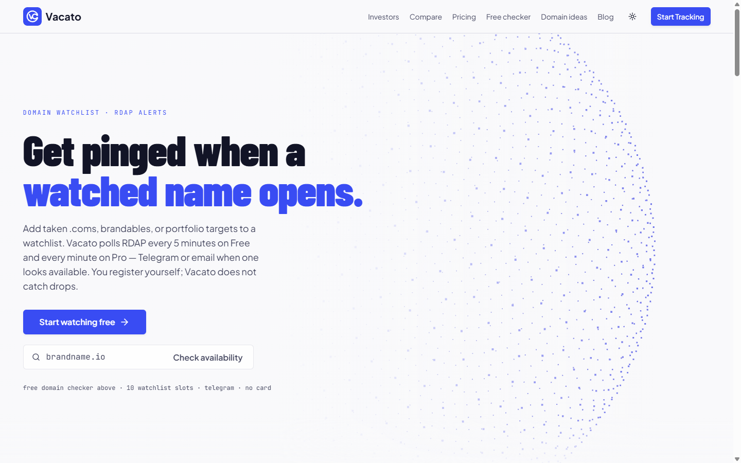 Vacato homepage — domain watchlist hero