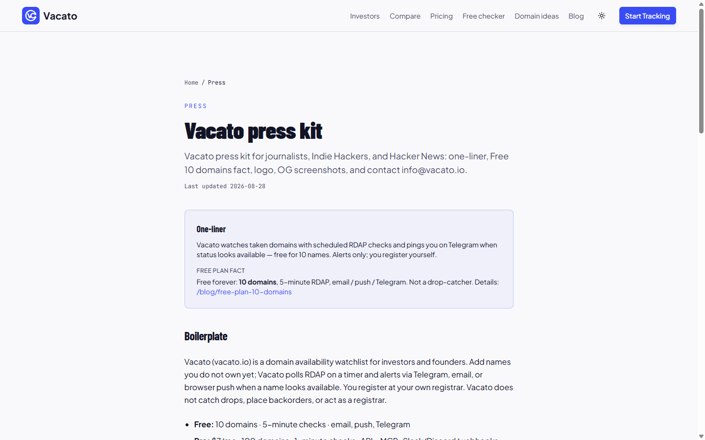Vacato press kit page