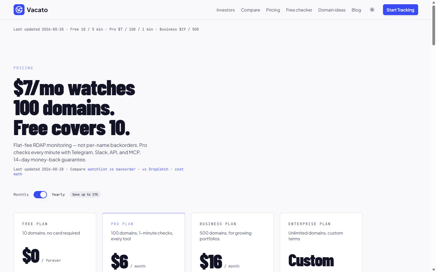Vacato pricing — Free 10 domains